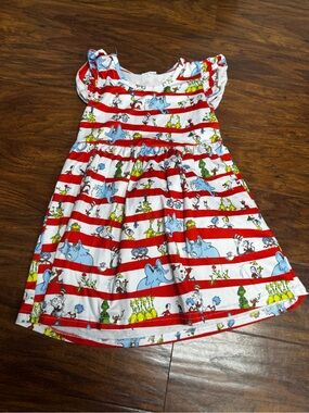 Girls' Red & White Striped Character Print Casual Dress
